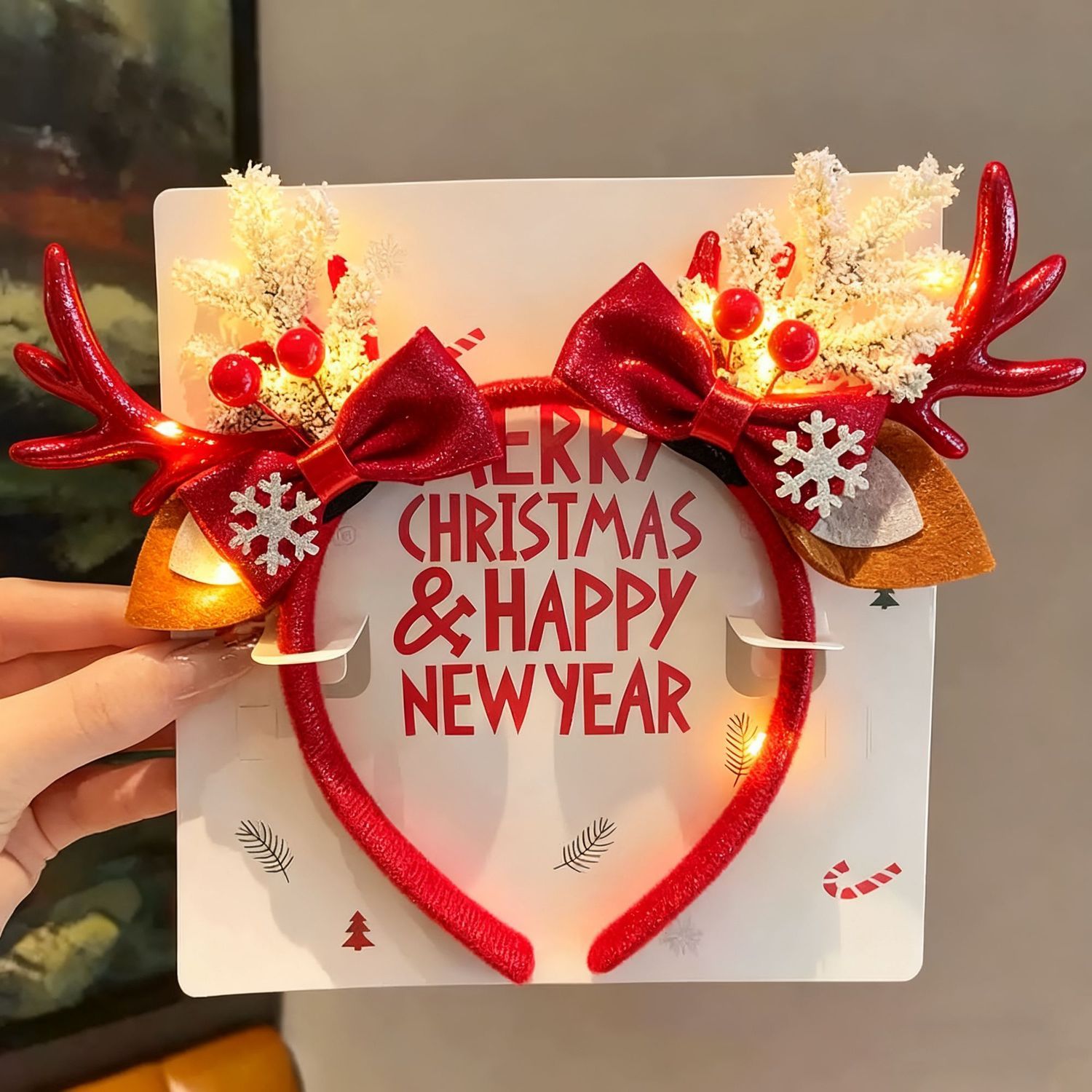 크리스마스 순록 뿔 머리띠 LED 조명 빨간색 플러시  - Reindeer Antlers Headband 리뷰 및 가격