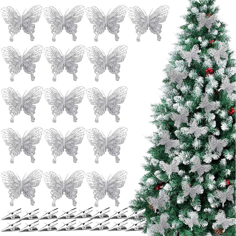 실버 글리터 속이 빈 나비 클립 장식품, 크리스마스 트 - Christmas Wreath Fake 리뷰 및 가격